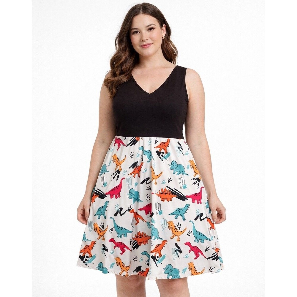 Dinosaur Patterned Sleeveless Dress Women's Size Large 14 V-Neck Stretch Casual
